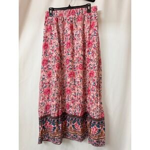 Time Women Pink Floral Viscose Elastic Waist Boho Floral Maxi Skirt XL NWT